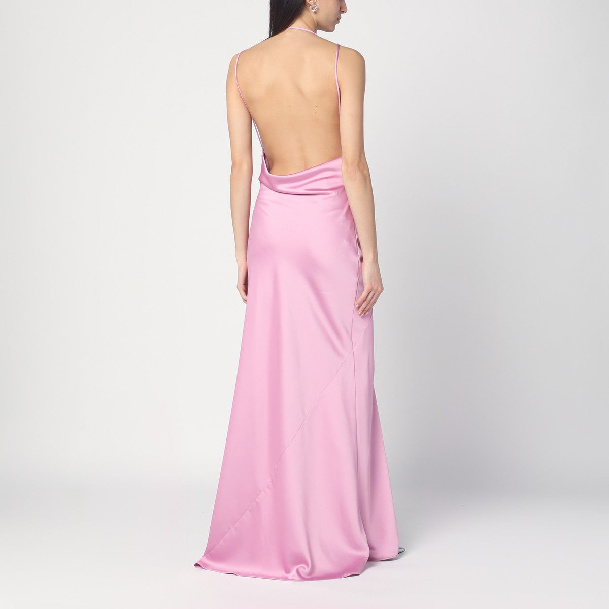 Andamane Pink Satin Dress — Open Back, Draped Neckline