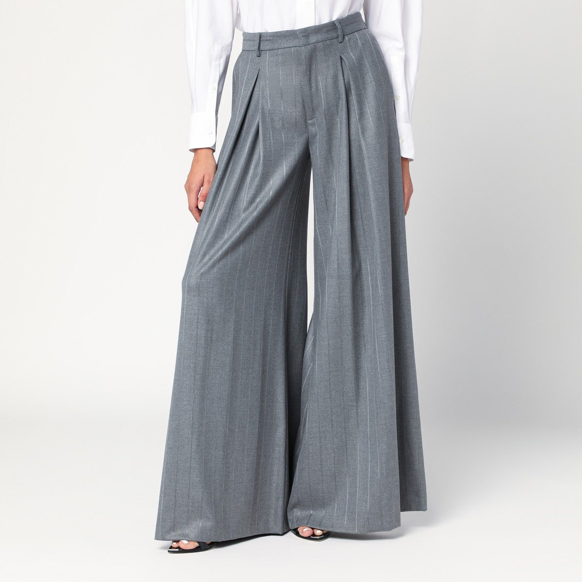 Extra‑wide grey pinstriped Tara trousers in viscose blend