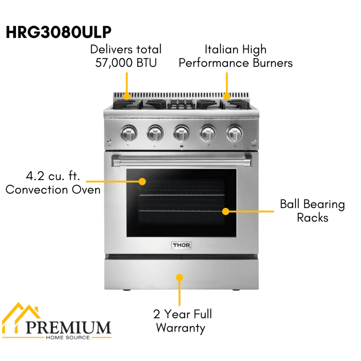 Thor Kitchen 30 in. 4.2 cu. ft. Professional Propane Gas Range in Stainless Steel, HRG3080ULP