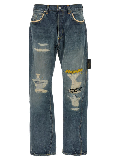 Undercover Embroidery Jeans for Men — Distressed Blue Denim