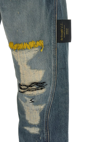 Undercover Embroidery Jeans for Men — Distressed Blue Denim