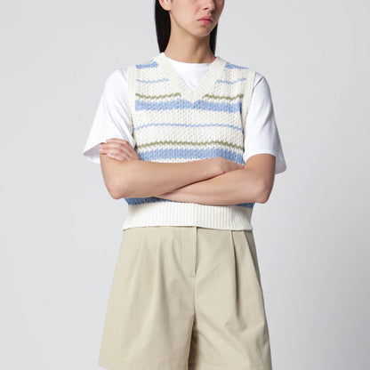 Dunst Ivory/green/light blue striped crochet-effect vest