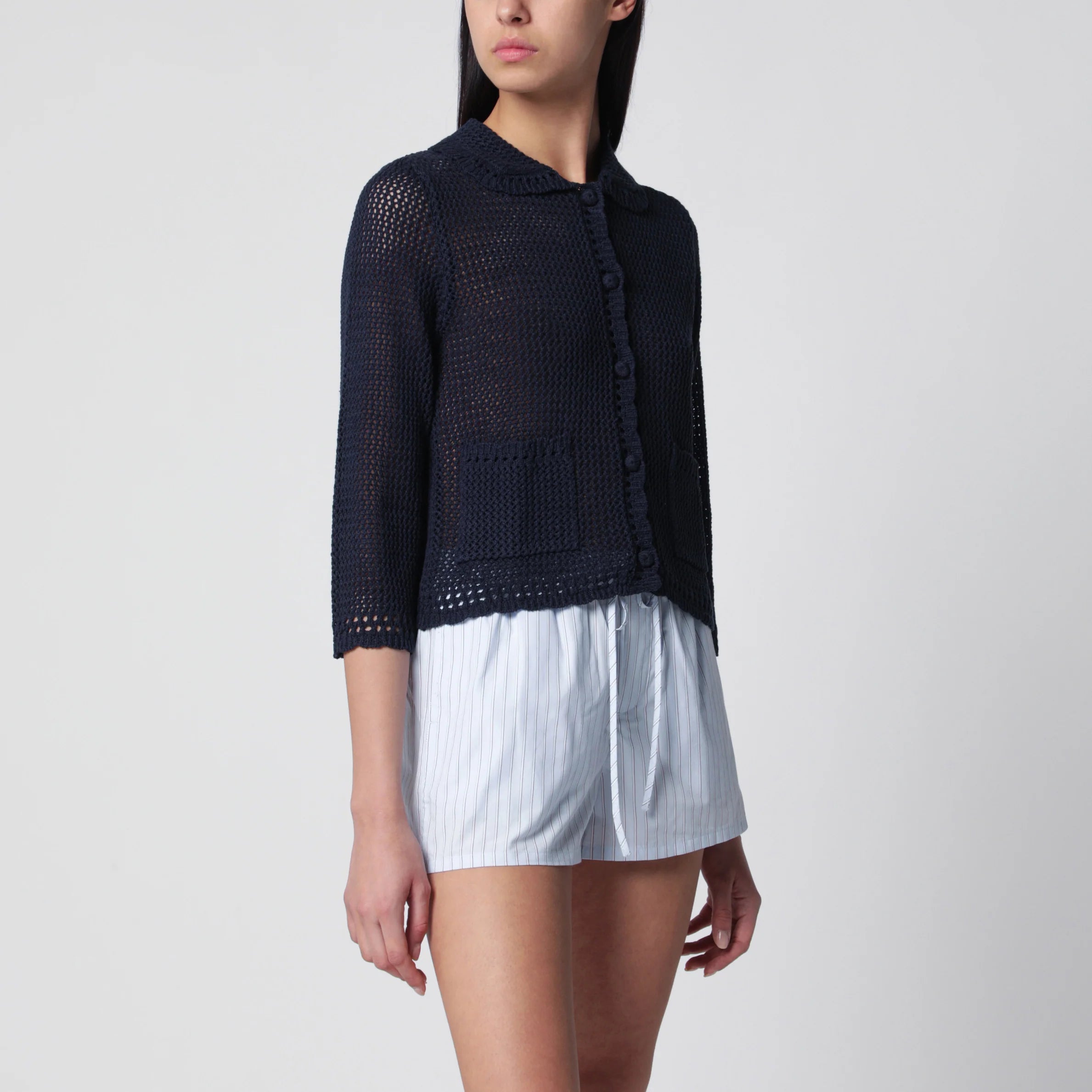 Dunst Navy blue openwork linen-blend cardigan