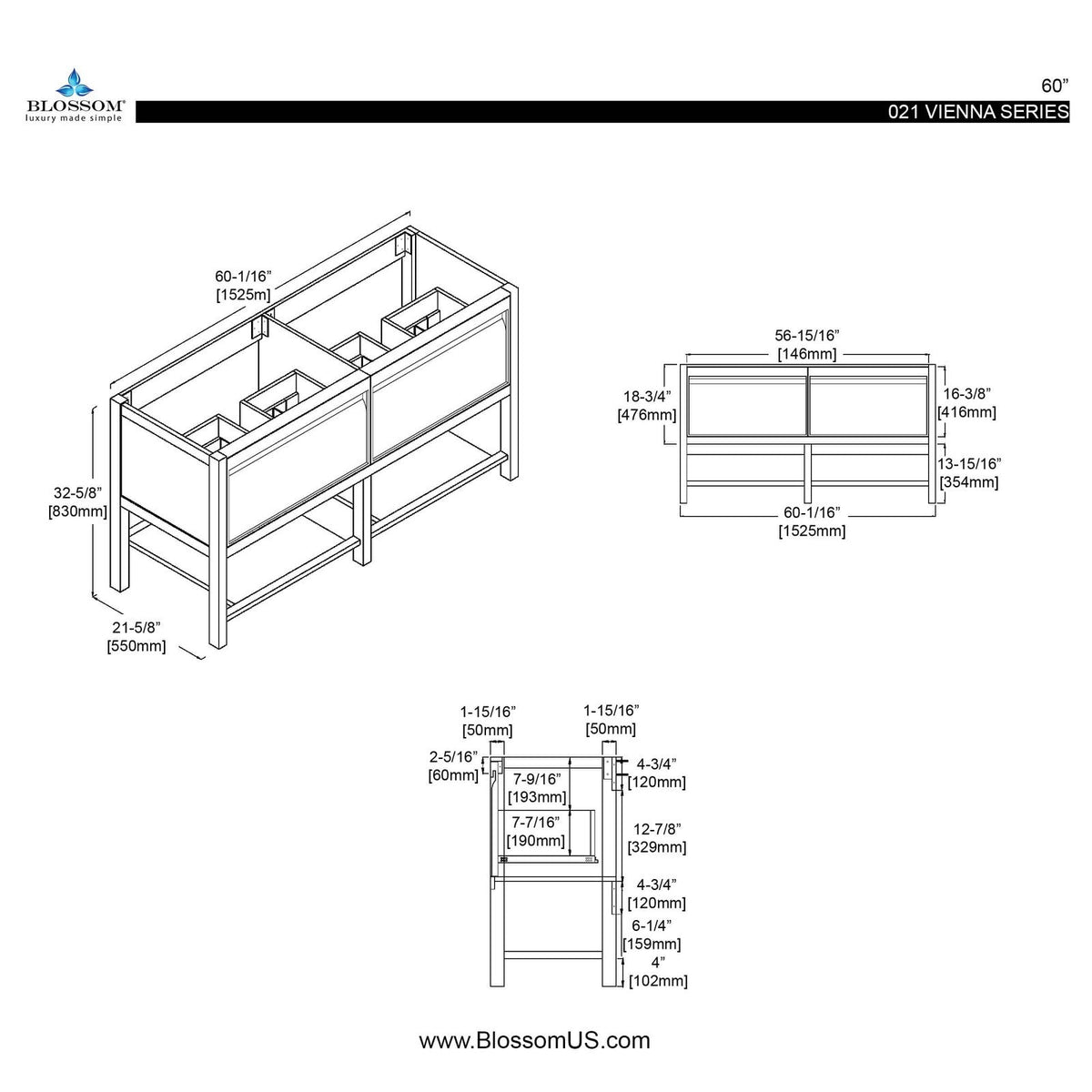 Blossom Vienna 60 Inch Bathroom Vanity - V8021 60 01