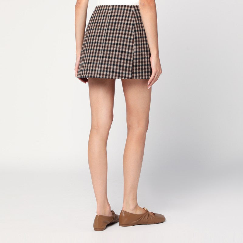 Ganni wool check mini skirt — coffee brown