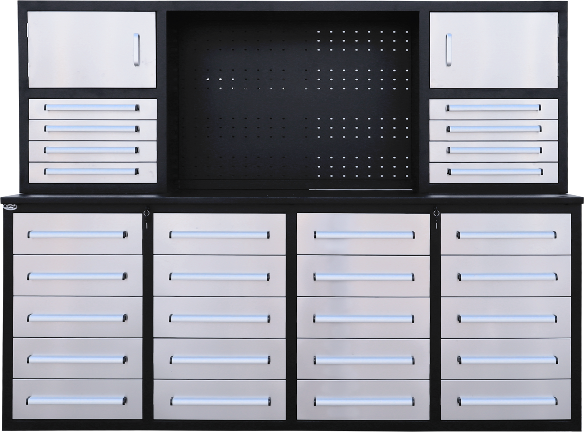 Chery Industrial 7ft Garage Workbench Cabinet (28 Drawers & Pegboard)