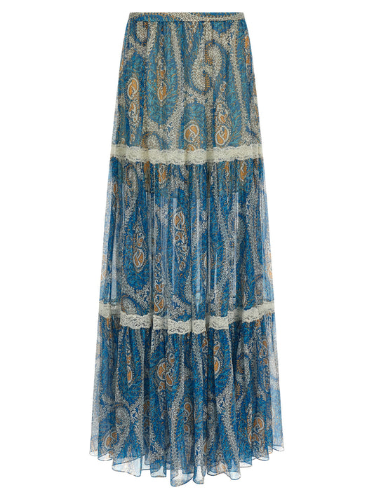 Etro Lace Insert Skirt — Light Blue Silk Skirt