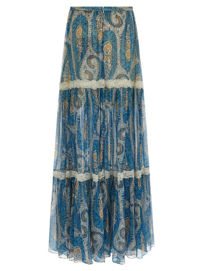 Etro Lace Insert Skirt — Light Blue Silk Skirt