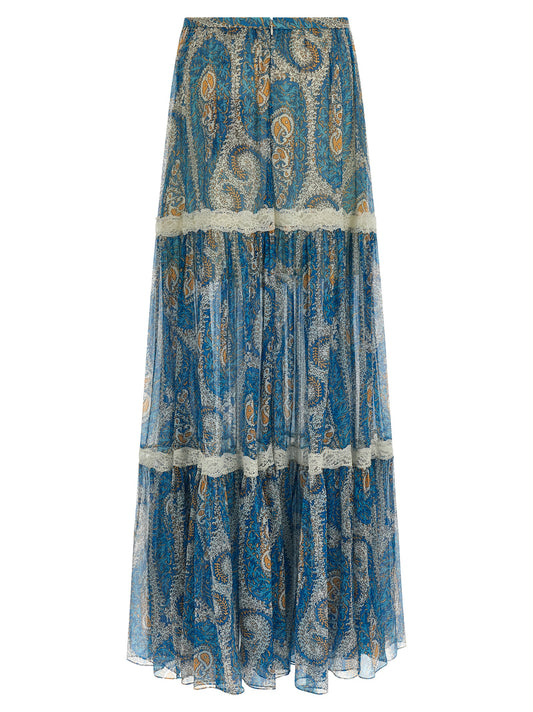 Etro Lace Insert Skirt — Light Blue Silk Skirt