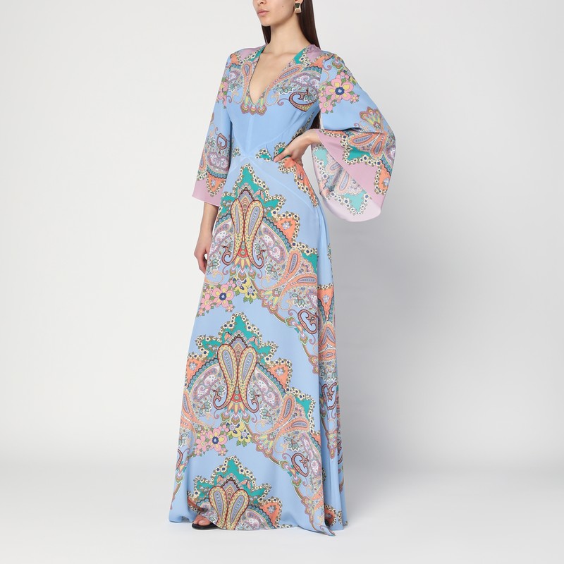 Etro long blue dress in silk crêpe de chine with Paisley print