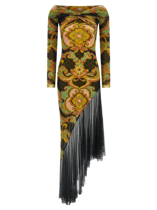 Etro Asymmetric Double Layer Dress — Midi Floral Off-Shoulder