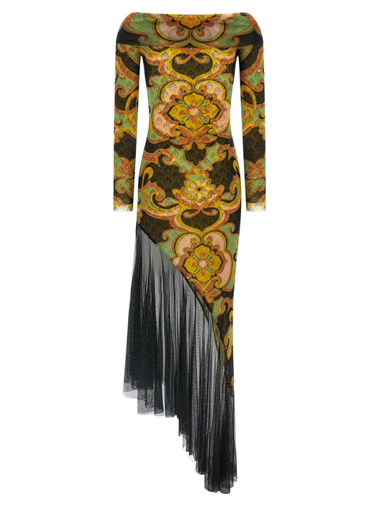 Etro Asymmetric Double Layer Dress — Midi Floral Off-Shoulder