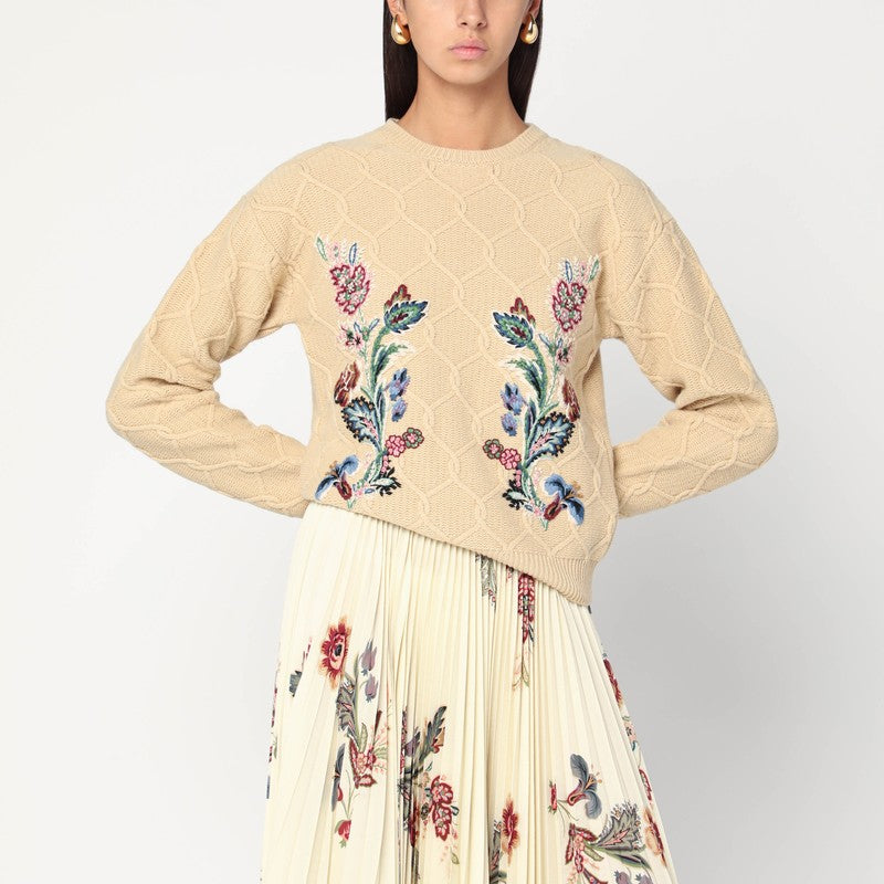Etro Beige wool sweater with embroidery