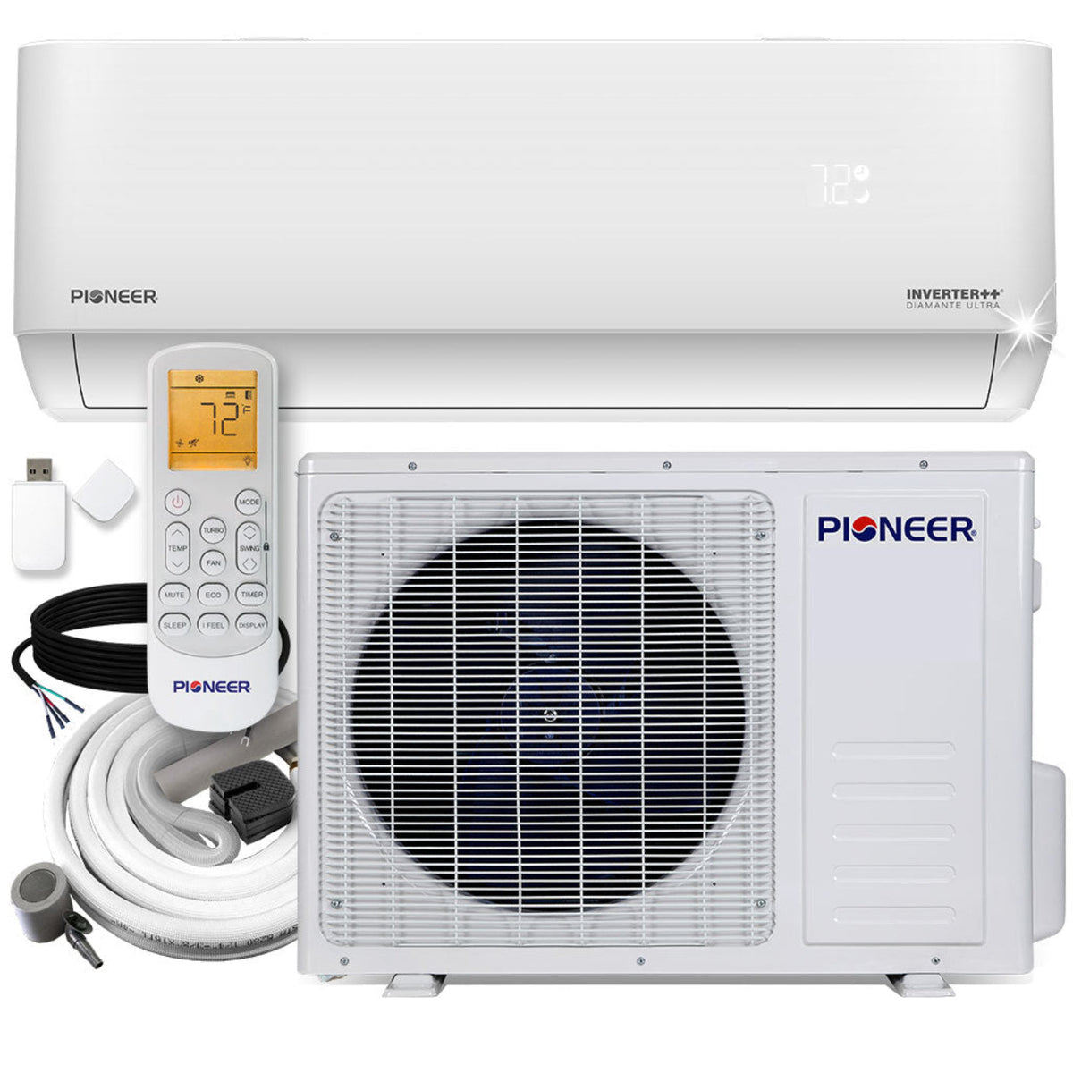 Pioneer Diamante Ultra 9,000 BTU 23 SEER2 Ductless Mini-Split Inverter++ Energy-Star Wi-Fi Air Conditioner Heat Pump Full Set 115V with 16 Ft. Kit - WYT009ALFI22RL