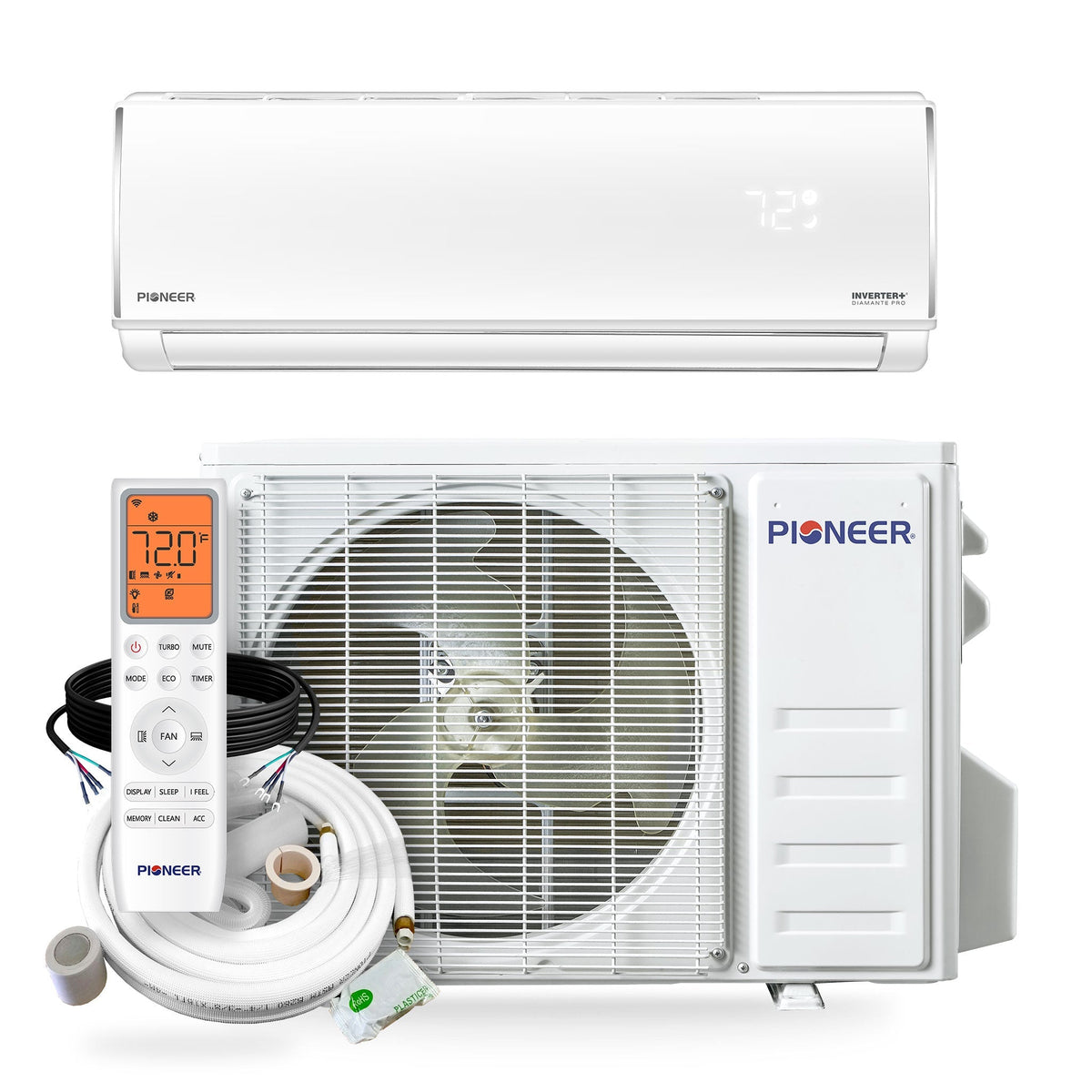 Pioneer Diamante Pro 12,000 BTU 20 SEER2 230V High-Wall Ductless Mini-Split Air Conditioner Inverter Heat Pump with 16 Ft. Kit - WYT012GLSI20RL