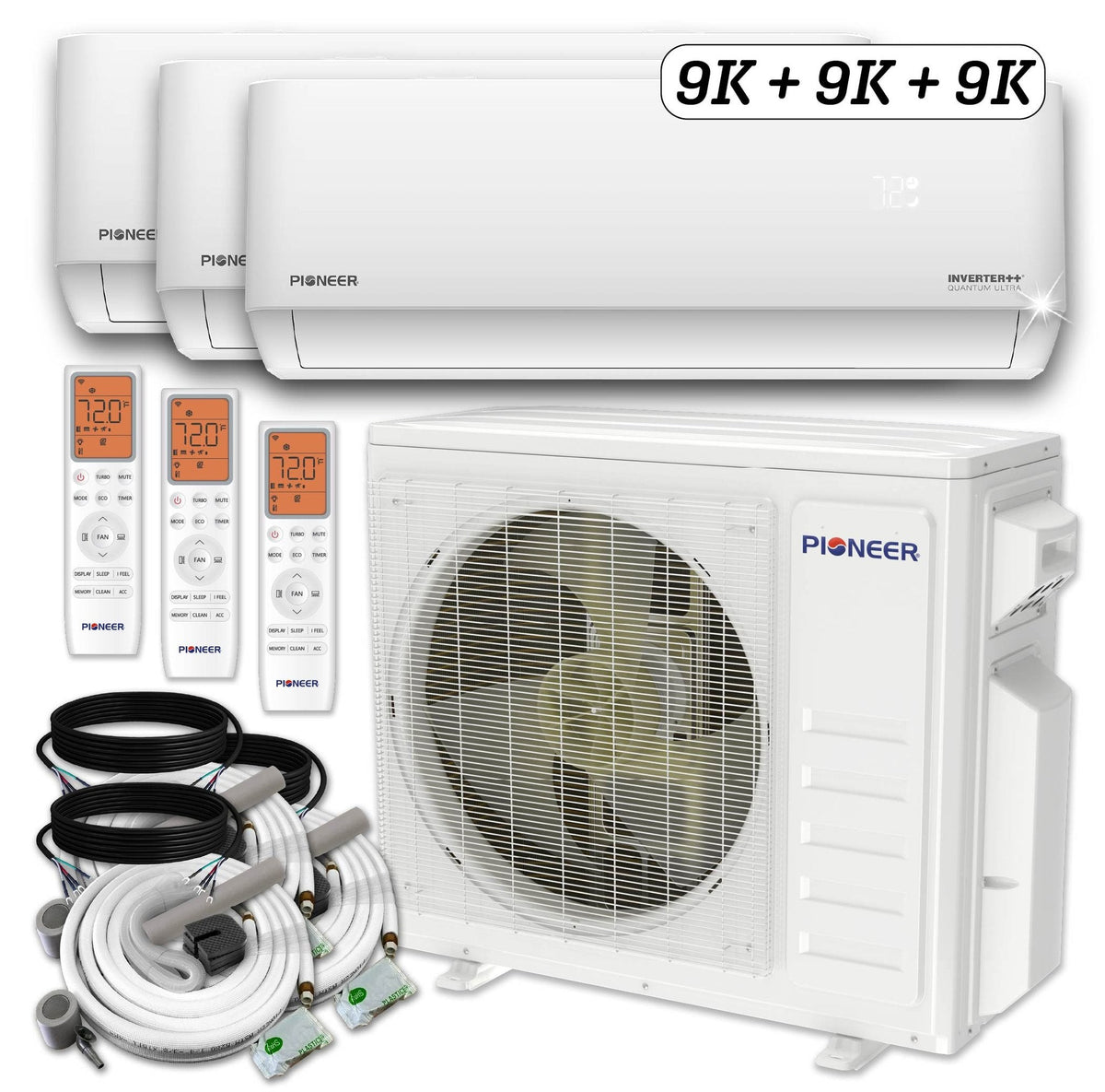 Pioneer Triple Split 27000 BTU 2.25-Ton Quantum Ultra Wi-Fi 24 SEER2 Energy-Star Multi (3) Zone Wall Mount Air Conditioner Heat Pump 230-Volt - WYT030GLSI24M3-9W-9W-9W