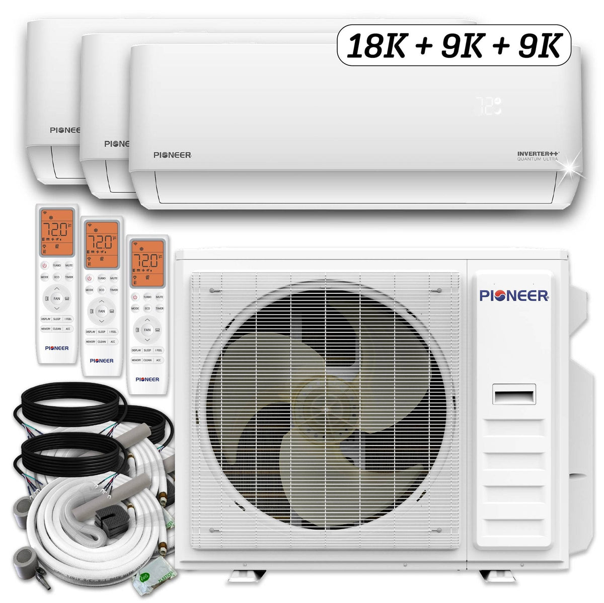 Pioneer Triple Split 36000 BTU 3-Ton Quantum Ultra Wi-Fi 22.5 SEER2 Energy-Star Multi (3) Zone Wall Mount Air Conditioner Heat Pump 230-Volt - WYT040GLSI24M4-18W-9W-9W